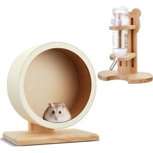 Sonwyoung 2 Pcs S, 7.9 Inch Wooden Hamster Wheels and Wood Hamster Water Bottle Set Guinea Pig Running Silent Exercise Wheels Small Animal Water Dispenser Stand Holder for Guinea Pig Gerbil