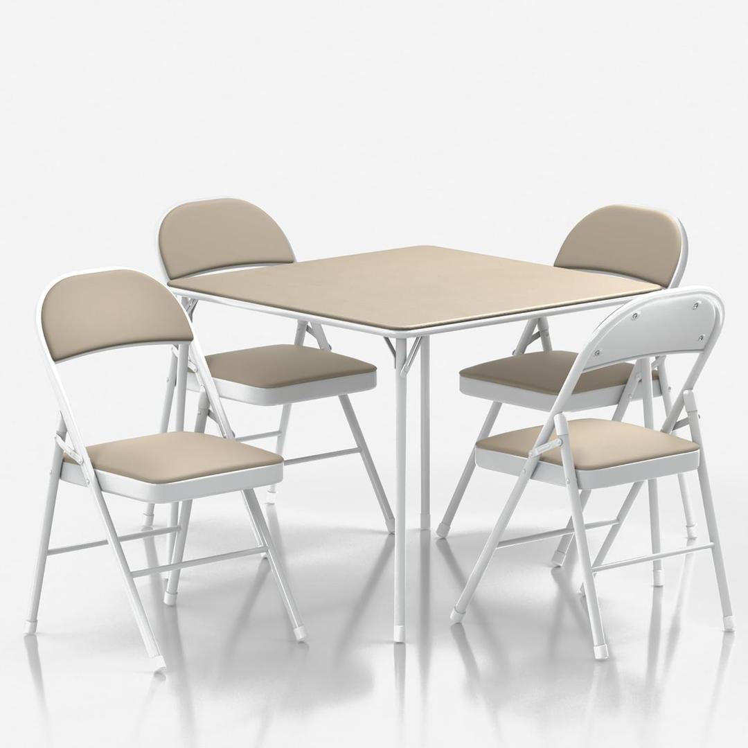 VECELO Portable Chair Set (4pc) with Collapsible Legs & Vinyl Upholstery, Metal, Beige