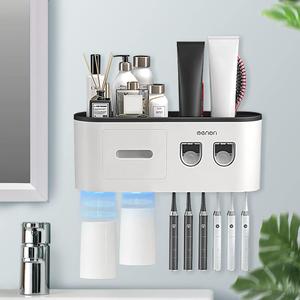 Toothbrush Holders Wall Mounted, Toothbrush Holder with Automatic Toothpaste Dispensers, 6 Brush Slots, 2 Magnetic Cups,1 Cosmetic Drawer Organizer and 1 Large Storage Tray
