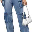 Ryehack Jeans Cargo Pants for Women Y2K Straight Leg Side Zipper Denim Pants with Pockets Stretch Jeans Streetwear, XL