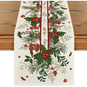 Artoid Mode Holly Pine Cone Leaves Floral Christmas Table Runner, Seasonal Winter Kitchen Dining Table Decoration for Home Party Decor 13x72 Inch