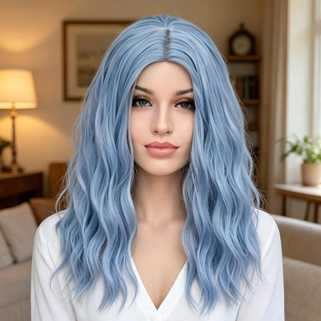 BUFASHION 18" Long Wavy Curly Light Blue Synthetic Wig for Women Girls Cosplay Wig Halloween Costume Wig with Wig Cap (Light Blue)