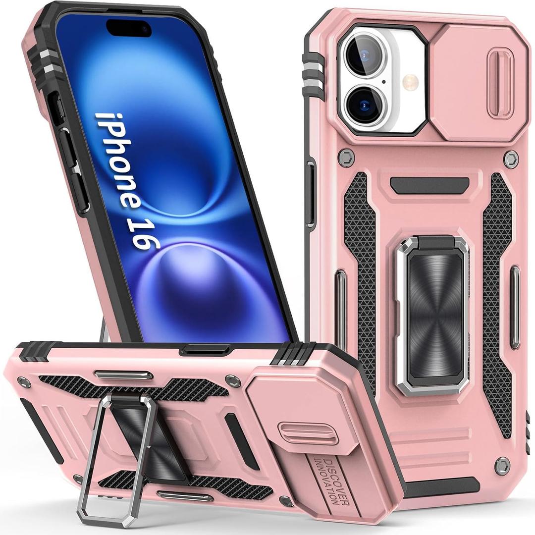 Phone Case for iPhone 16 Case iPhone16 Phone Case with Slide Camera Lens Cover & Kickstand, Dual-Layer Shockproof Military-Grade Drop Protection, for iPhone 16 (Rose Gold)