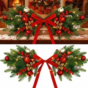 2 Pcs 28 Inch Christmas Window Swags Outdoor Front Decoration with Artificial Pine Needles Swag Greenery Christmas Swag Front Door Window for Mantels Wall Door Indoor Hanging Holiday Xmas Decor