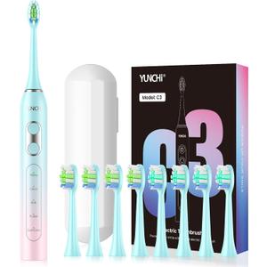 YUNCHI Sonic Electric Toothbrush for Adults & Kids, Rechargeable Battery Electric Toothbrush, 8 Brush Heads, 5 Modes, 44000 VPM Motor, 2 Min Smart Timer, IPX7 Waterproof, Travel Case, 90 Days-Gradient (A Metallic Pink Blue Gradient)