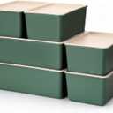 Menkxi 6 Pcs Large and Small Plastic Storage Bins with Lids 14.4 x 10.4 x 5.1 Inch Stackable Storage Containers Decorative Cubby Organizer for Clothes Shelves Garage Closet Office(Green)