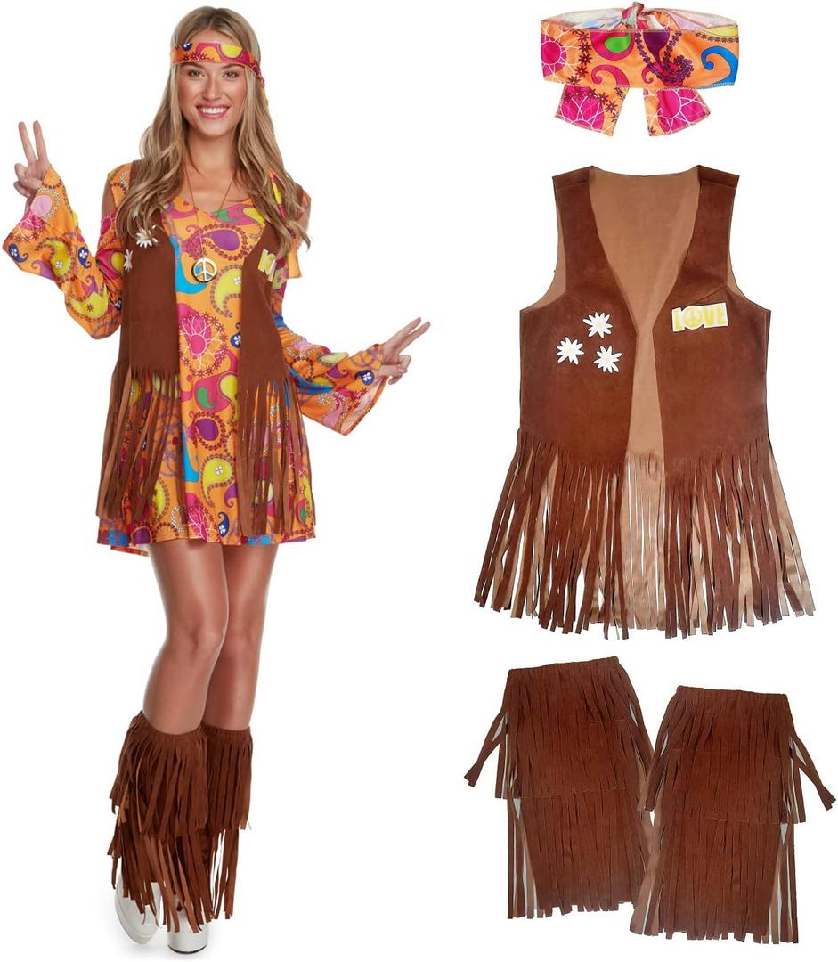 Morph Short Hippie Costume for Women, 70s Women Halloween Costume, Retro Hippie Outfit, Festival Attire (Small)