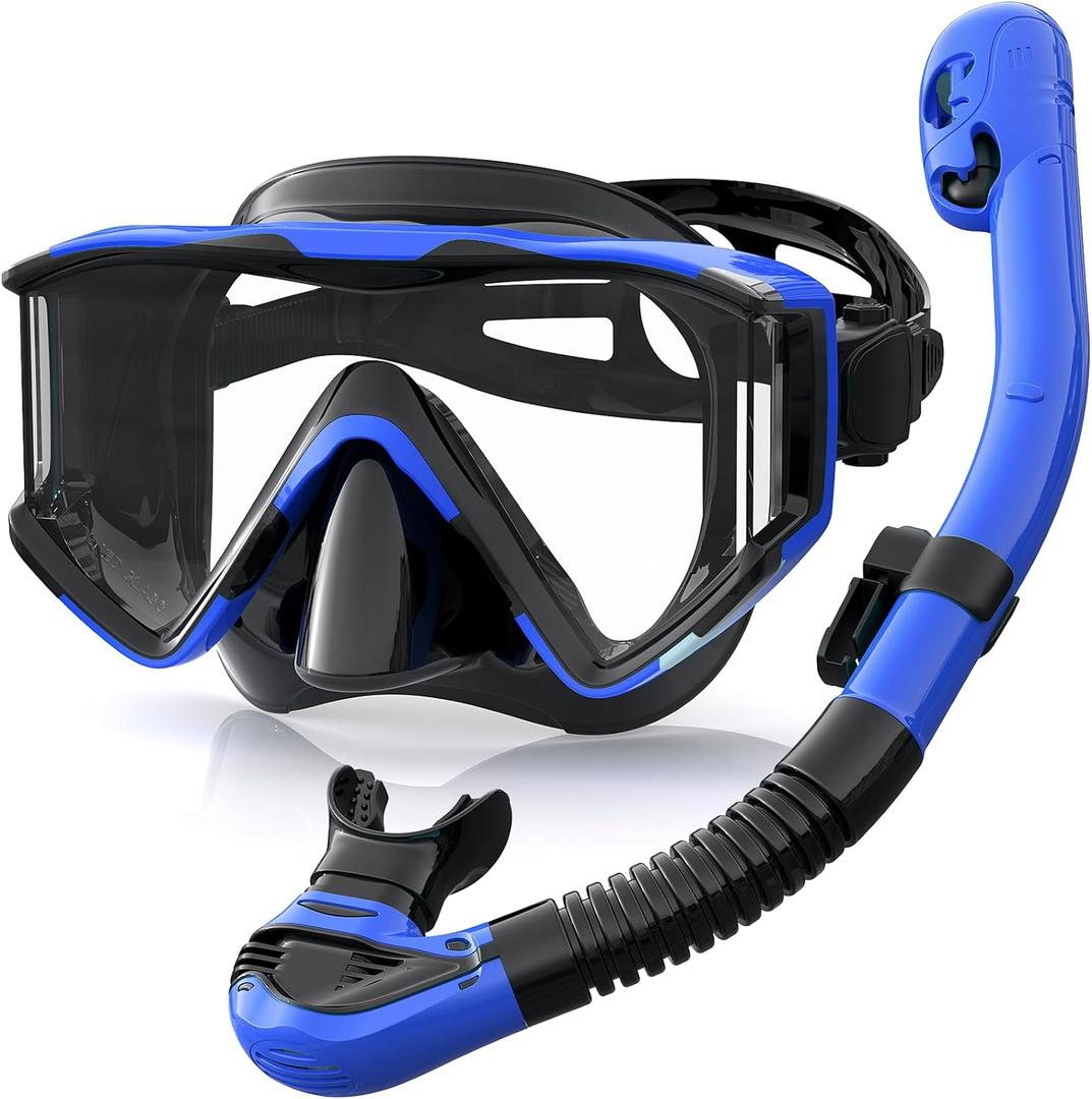 Greatever Snorkel Set Pano 3 Window Snorkel Mask Adult, Panoramic Wide View, Anti-Fog Scuba Diving Mask, Anti-Leak Snorkel Goggles Dry Top Snorkel, Professional Snorkeling Gear for Adults (Black Blue)