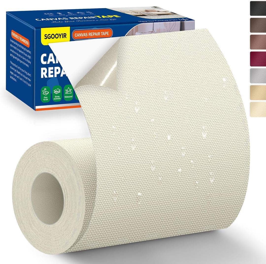Self-Adhesive Canvas Repair Tape, 4" x 79" Waterproof Canvas Repair Patch, Fabric Patch Repairs Kit for Furniture, Tents, Sunbrellas, Boat Covers Awnings, Couches, Clothes, Bags Beige&White
