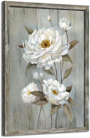 Rustic Flower Wooden Wall Art: Vintage White Floral Framed Oil Painting Abstract Botanical Picture Modern Blossom Prints Artwork for Living Room Bedroom Farmhouse (16L" x 24W")