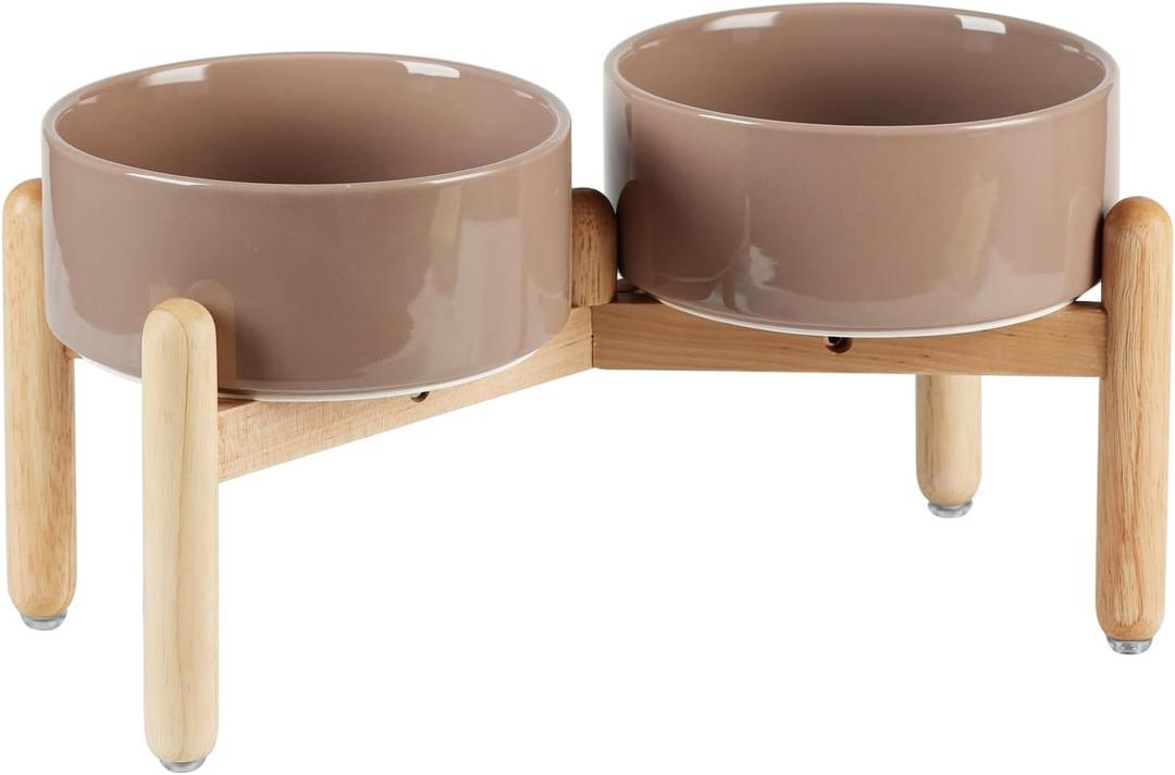 Havniva Ceramic 7.3inch Raised Double Bowls Set with Wooden Stand, Food & Water Bowls for Medium Breed Dogs, Weighted Dog Dishes, Pet Feeder(Brown Coffee)