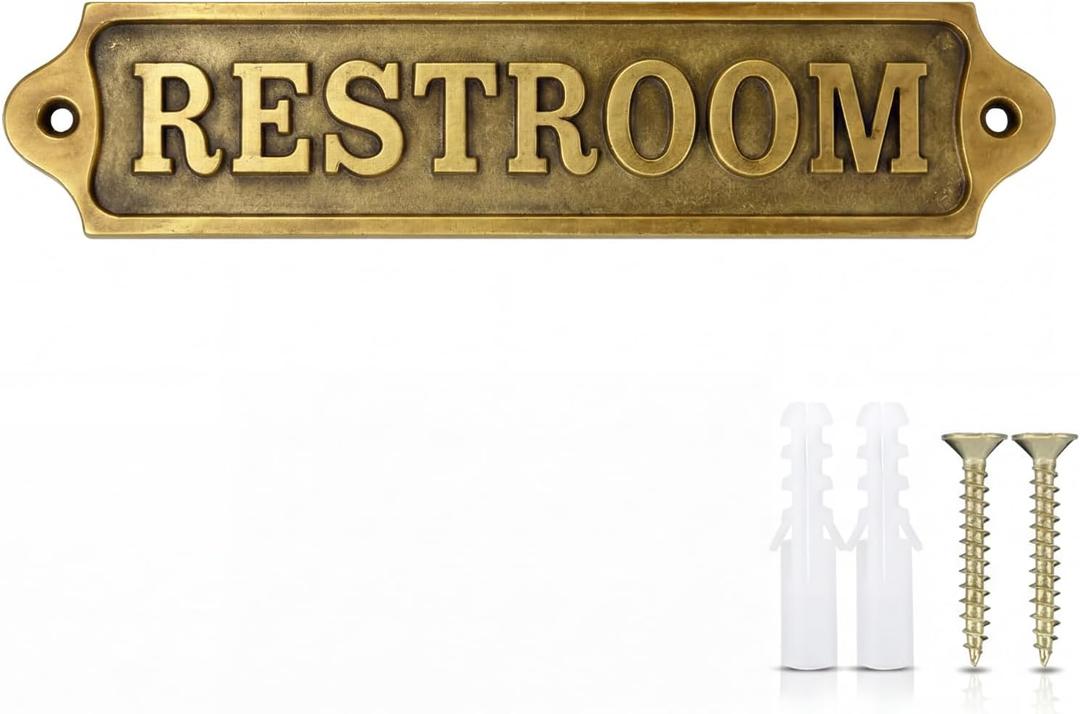 8.5 x 2 Inch Restroom Sign Solid Brass Metal Door Sign with Mounting Hardware Antique Finish Easy DIY Installation Home Decor for Gents, Ladies, Office, Laundry, Restroom, Pull, Parking