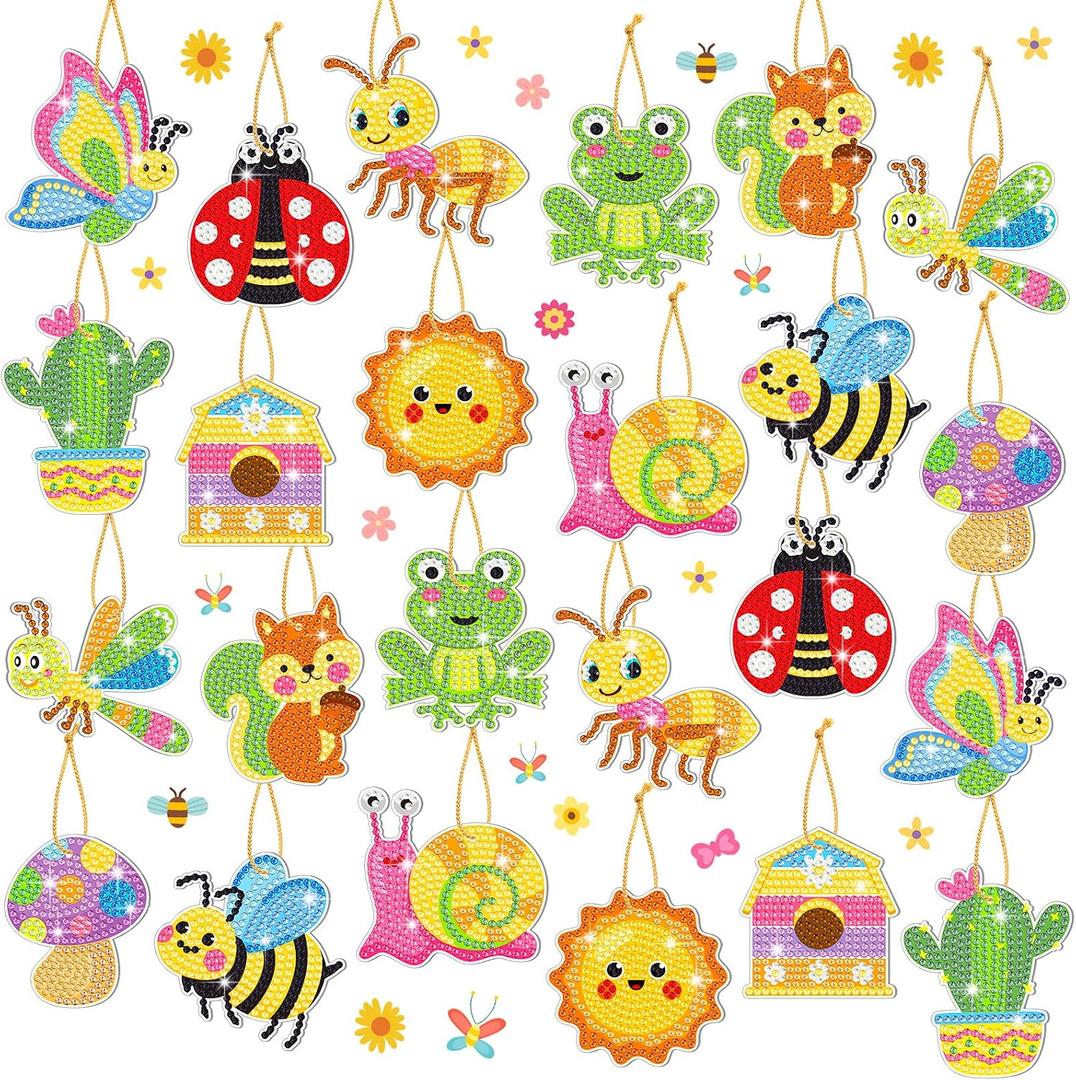 Frienda 24 Pcs Summer Diamond Painting Keychain Kits, 5d DIY Summer Diamond Art Animal Bee Frog Sun Ornaments Beginner Friendly Crafts for Family Decor Seasonal Gifts, small to medium