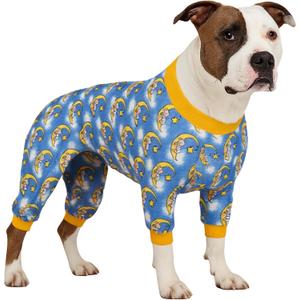 LovinPet Pitbull Dog Pajamas - Pet Anxiety Relief, Sun Protection Dog Pajamas, Comfy Stretchy Fabric, Pitbull Onesie, Dreamy Bear Print, Pitbull Shirt, Pet Jammies,Yellow XL