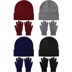 Glooarm 8 Pack Winter Hat and Gloves Set for Men Women Warm Beanies Knit Gloves Unisex Warm Sets (One Size, Black, Navy Blue, Burgundy, Black and White)