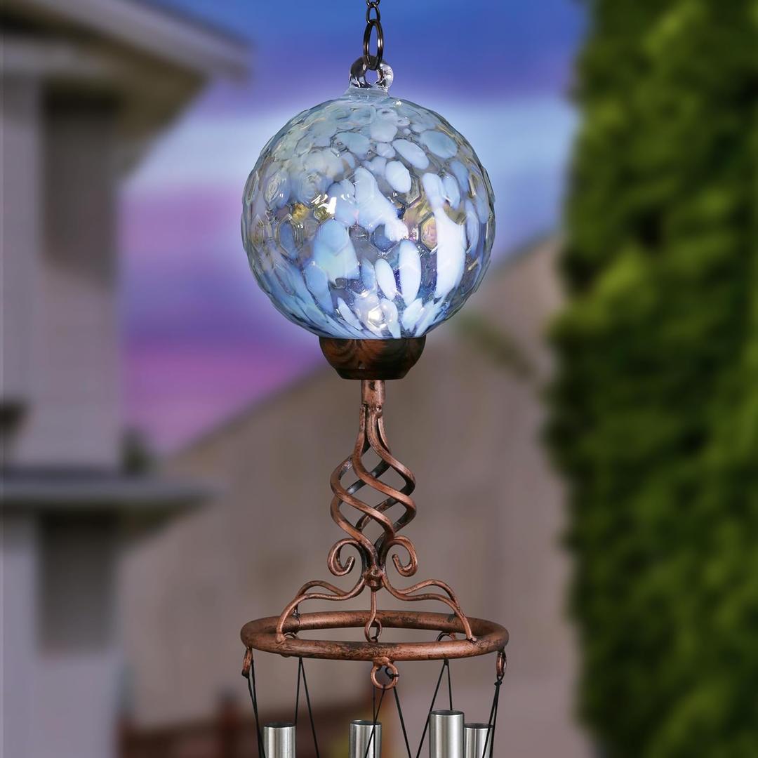 Exhart Wind Chimes, Solar LED Outdoor Garden Lighting, Light Blue Glass and Metal Wind Chime Lawn and Yard Decoration with Bronze Metal Finial, 5 x 46.5 Inch