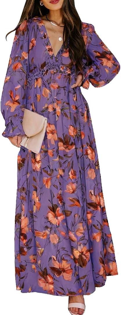 BLENCOT Womens Casual Boho Floral Printed V Neck Long Sleeve Long Maxi Dress Spring Summer Dresses (Medium, Purple)