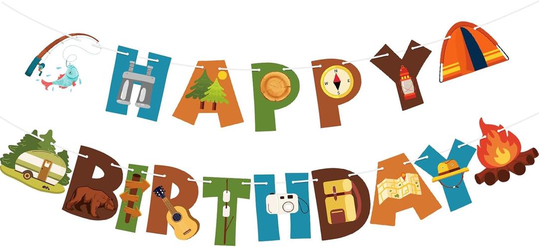 Camping Happy Birthday Banner Sign Camping Birthday Party Decorations Camping Birthday Party Supplies for Outdoor Hiking Camping Decorations Summer Camp Adventure Garland Banner