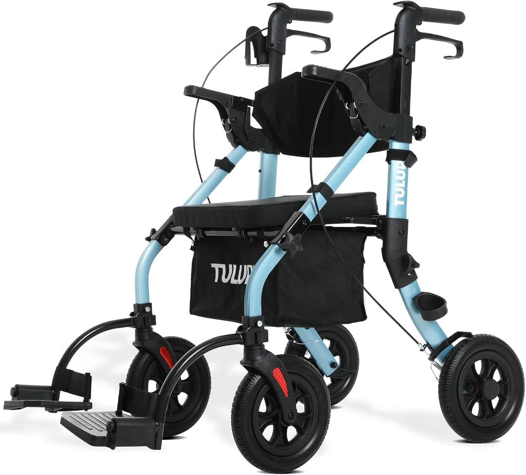 All Terrain Walker Wheelchair Combo,Rollator Walker with Seat for Seniors with Footrest,Transport-Wheelchair Combo,2 in 1 Rolling Walker Chair with Wide Backrest by Tulur (Blue)