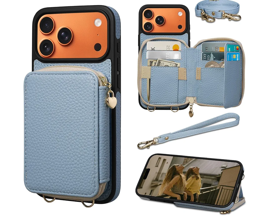 Keallce Case for iPhone 17 Pro Max 6.9'' Case Wallet, Crossbody Zipper Purse with RFID Blocking Card Slots Kickstand, Lanyard & Handstrap Flip Folio Leather Phone Cover for iPhone 17 Pro Max, Blue