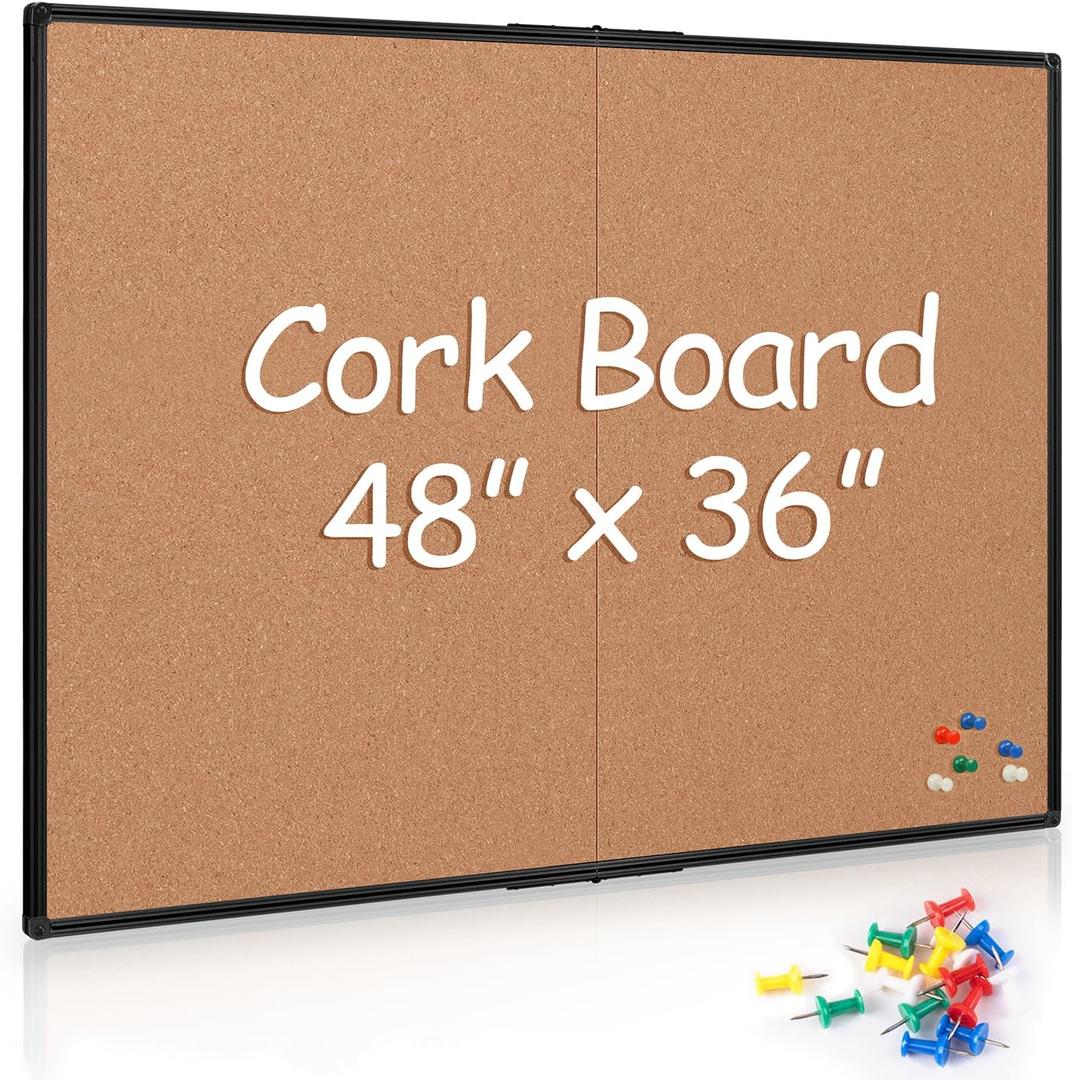Cork Board Bulletin Board 36 x 48, Foldable Notice Pin Board for Wall, Black Aluminum Framed 4x3 Corkboard, Large Wall Mounted Office Board with 36 Push Pins for School & Home