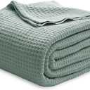 Bedsure Gentlesoft 100% Cotton Blanket Queen Size for Bed - Cooling Breathable and Soft for Summer, Thick Cozy Waffle Weave Blanket Gifts for Women, Sage Green, 90x90 Inches