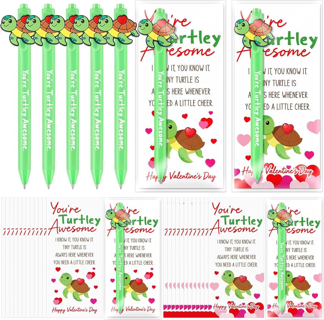 24 Sets Valentines Day Turtley Cards and Pens Gifts Set for Coworkers Employee Appreciation Gifts Bulk You're Turtley Awesome Pens Turtle Valentines Day Cards for Office Staff
