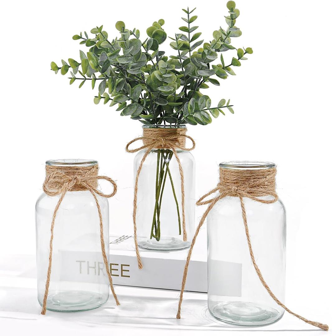 Vintage Glass Vases for Flowers, Set of 3 Clear Vases for Farmhouse Wedding Centerpiece Cylinder Bottle for Reception Table Decoration Home Decor Floral Arrangements