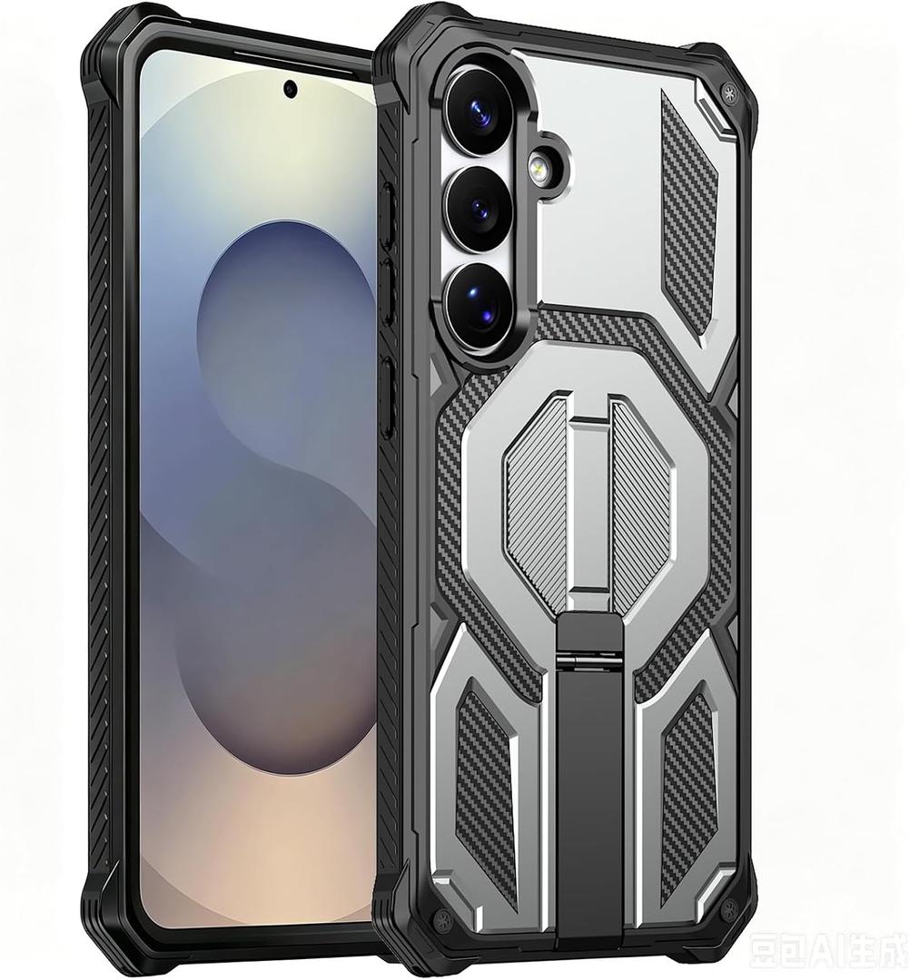 for Galaxy S25 FE Magnetic Case with Screen Protectors, Grey | Compatible with MagSafe, Concealed Kickstand, 2 Pack Screen Protectors, Military Grade, Double Layer, Shockproof Protection