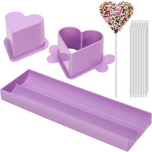 Heart Cake Pop Mold Set with 9 Inch Tray and Sticks, Circle Cake Pop Cutter and Pusher, Baking Molds Kit for Parties, Wedding, Home Desserts Making-Purple
