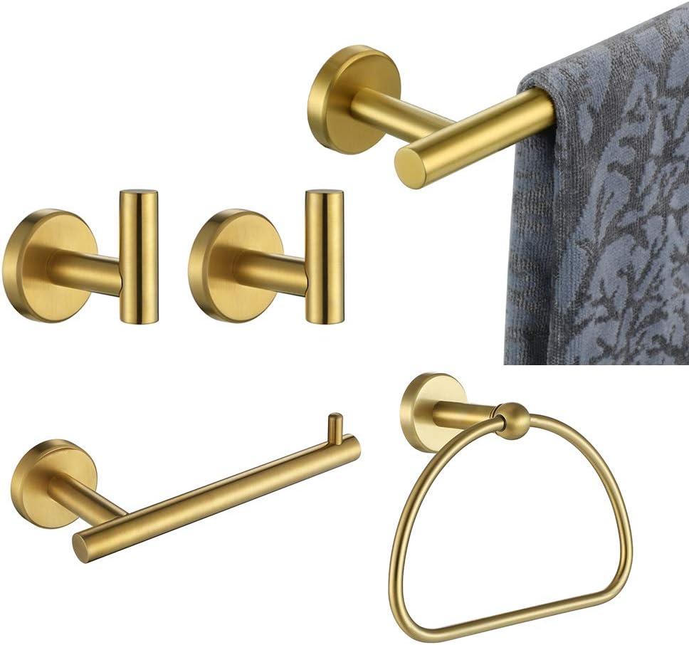 JQK Bathroom Hardware Set Gold, 5-Piece Bath Accessories Set Brushed Gold Wall Mount includes 24 in Towel Bar, 7 in Towel Ring, Toilet Paper Holder, 2 Towel Hooks, BAS165-BG