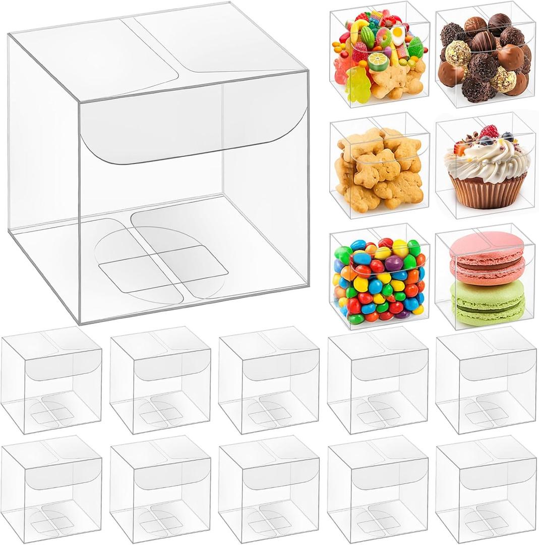 Eaasty 200 Pcs 2 x 2 x 2 Inch Clear Favor Boxes Small Transparent Candy Gift Box Plastic Treat Boxes Party Favor Cube for Packaging Containers Macaron Birthday Wedding Baby Shower