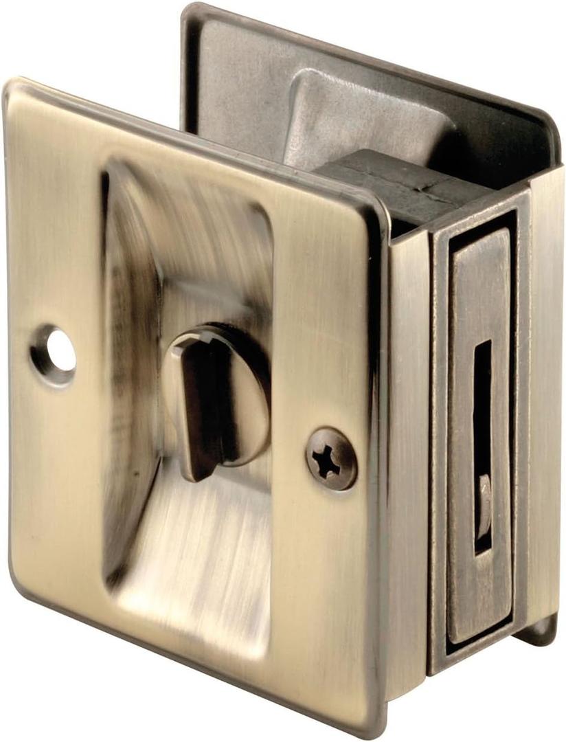 Prime-Line N 6774 Pocket Door Privacy Lock with Pull - Replace Old or Damaged Pocket Door Locks Quickly and Easily  Antique Brass (Single Pack)