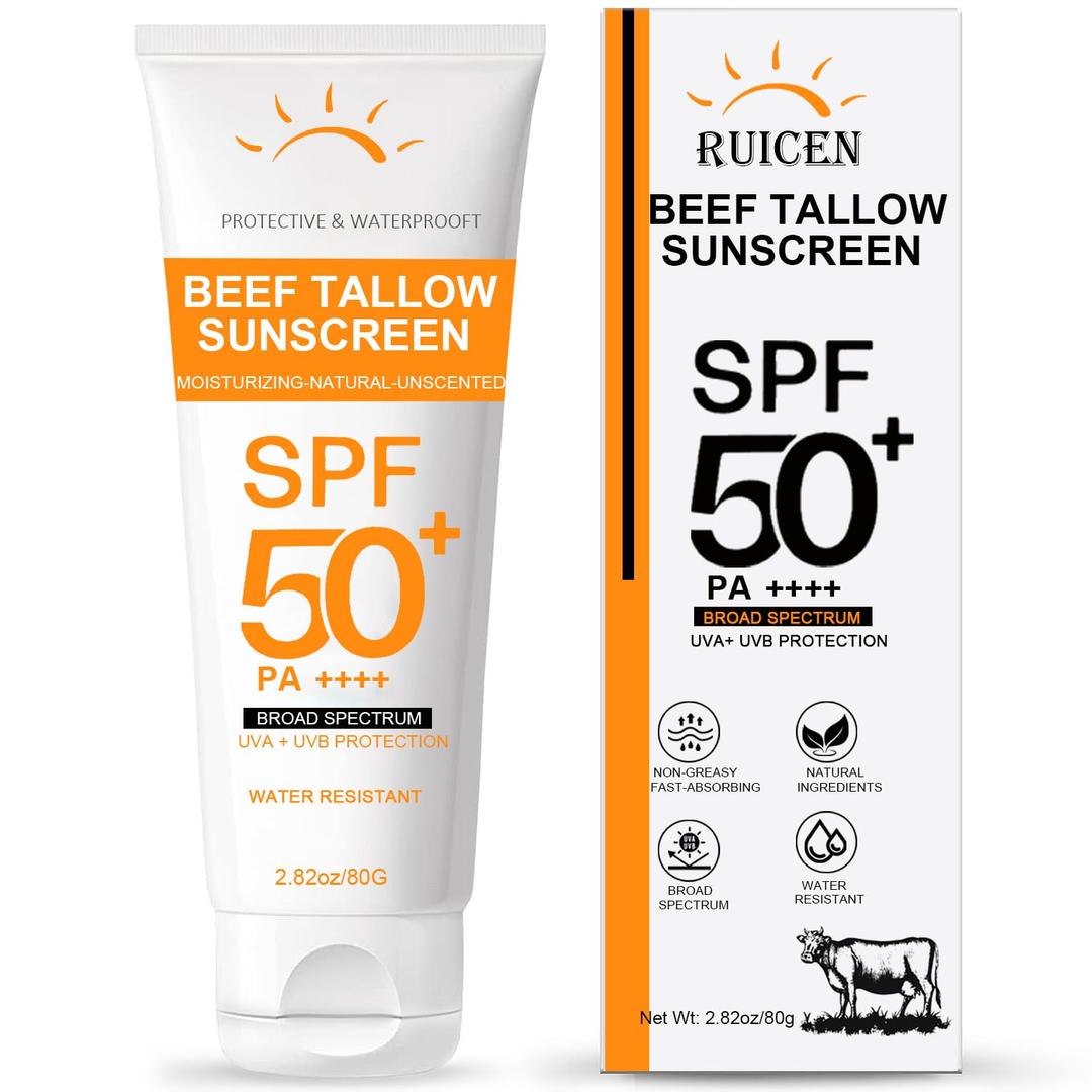 Beef Tallow Sunscreen with Zinc Oxide: Mineral Sunscreen SPF 50, Organic Natural Sun screen-Non Greasy Formula, No White Cast, Beef Tallow Sunblock for Sensitive Skin- Water-Resistant-2.82 oz (80g), Best By: 07/25/2028