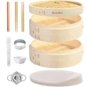 Hcooker Bamboo Steamer Basket Set, 8-Inch 2-Tier Steamer for Cooking, Chopsticks Liners Sauce Dish Dumpling Making Tools, Steaming Asian Food, Bao Buns, Meat, Dim Sum, Rice, Vegetable Steam Pot