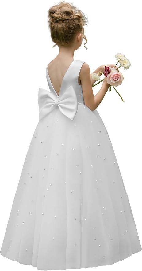 Flower Girl Dress Satin Tulle Crew Neck Girl's Elegant Pearls Wedding Party Dresses Long with Bowknot, Size 14