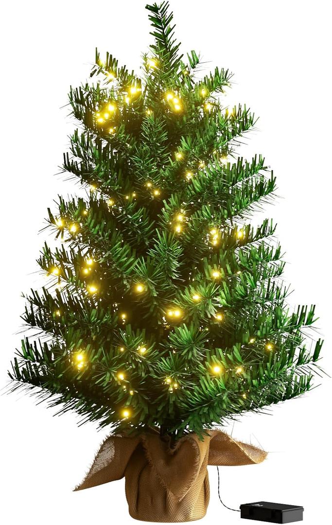 Pre-lit Artificial Mini Christmas Tree, 2ft Tipped Pine Artificial Christmas Tree, Includes 50 Led Warm Lights, Seasonal Indoor Home Decor with Decorative Burlap Base (Green)