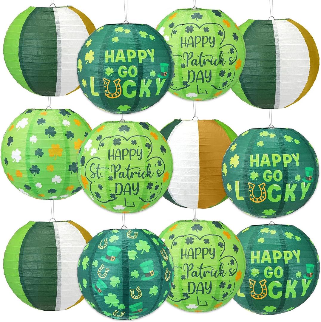 Huquary 12 Pcs 10 Inch St Patricks Day Paper Lanterns Party Decorations Round Green Shamrock Lanterns Clover Hanging Paper Decors for Irish Indoor St Patricks Day Outdoor Party Supplies