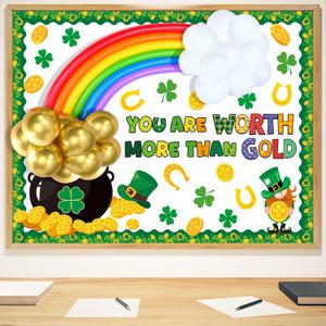 Funrous St. Patrick's Day Bulletin Board Decoration 3D Rainbow Balloon Decor Irish Bulletin Board Shamrock Gold Coin Pot Paper Cutouts Clover Classroom Chalkboard Decor for Classroom Wall Door
