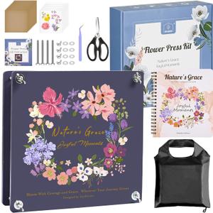Joy&Grace Flower Press Kit for Adults & Kids, with Designed Cover and DIY Album, 10.9" x 10.9" 10 Layers Flower Preservation Kit, Plant Press and Large Plant Drying Toolkit (Color Box, Purple Navy)