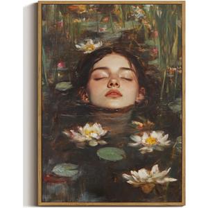 Lotus Pool Woman Framed Canvas Wall Art 16x24 inch, 16"x24" Natural
