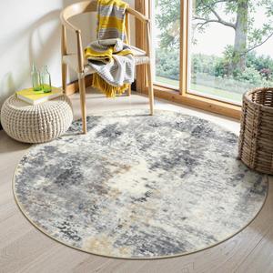 Lahome Modern Abstract Round Rug - 4Ft Grey Small Bathroom Rug Indoor 4x4 Circle Rugs Washable Kitchen Mat, Non Slip Contemporary Bedroom Carpet for Living Dining Room Office Nursery