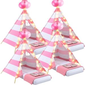 Windyun 4 Pack Kids Sleepover Teepee Tent Set Air Mattresses,Pink White | Girls Slumber Party Tents with Fitted Sheets, Blankets, Star Lights, Trays for Pajama Birthday Party Movie Nights, Approximately 1.6 m/ 5.25 ft long