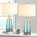 25.5" Coastal Glass Table Lamps Set of 2, 3-Way Dimmable Touch Control Bedside Lamps with 2 USB Ports and AC Outlet, Blue Nautical Nightstand Lamps for Bedroom Living Room (LED Bulbs Included) (Teal)