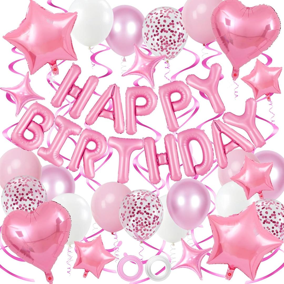 Pink Birthday Decorations, 3D Foil Pink Happy Birthday Balloon Banner with Star and Heart Balloons, Confetti Balloons, Hanging Swirls, for Girls Women Party Decorations