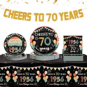 77PCS Vintage 70th Birthday Party Tableware Set, Back in 1956 Party Supplies with Cheers to 70 Years Plates Napkins Banner & Tablecloth for Men Women, 2026 New 70th Birthday Party Decor for 25 Guests