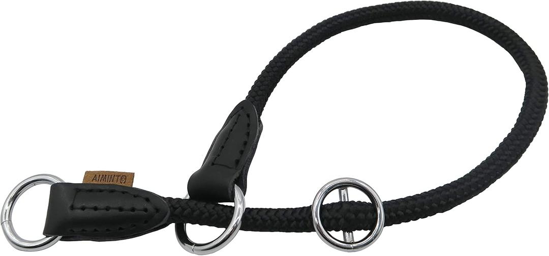 Braided Round Martingale Dog Collar, Training Collar with Slidable Stop Ring - Ideal for Small Dogs (S(1/3") - 16" Long, Black)