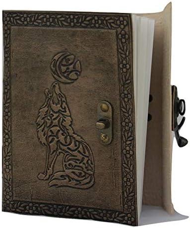 Handmade Leather Journal Wolf Embossed Charcoal Gray Gold Color Writing Notebook Diary Appointment Organizer Daily Planner Notepad Travel Handbook Diary Sketchbook 5 x 7 inches for Men and Women