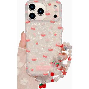 JANDM Compatible with iPhone 17 Pro Max Cherry Case with Strap,Cute Cherries Aesthetic Glossy Soft Slim Shockproof with Crystal Pearl Charm Keychain Women Girls Phone Cover