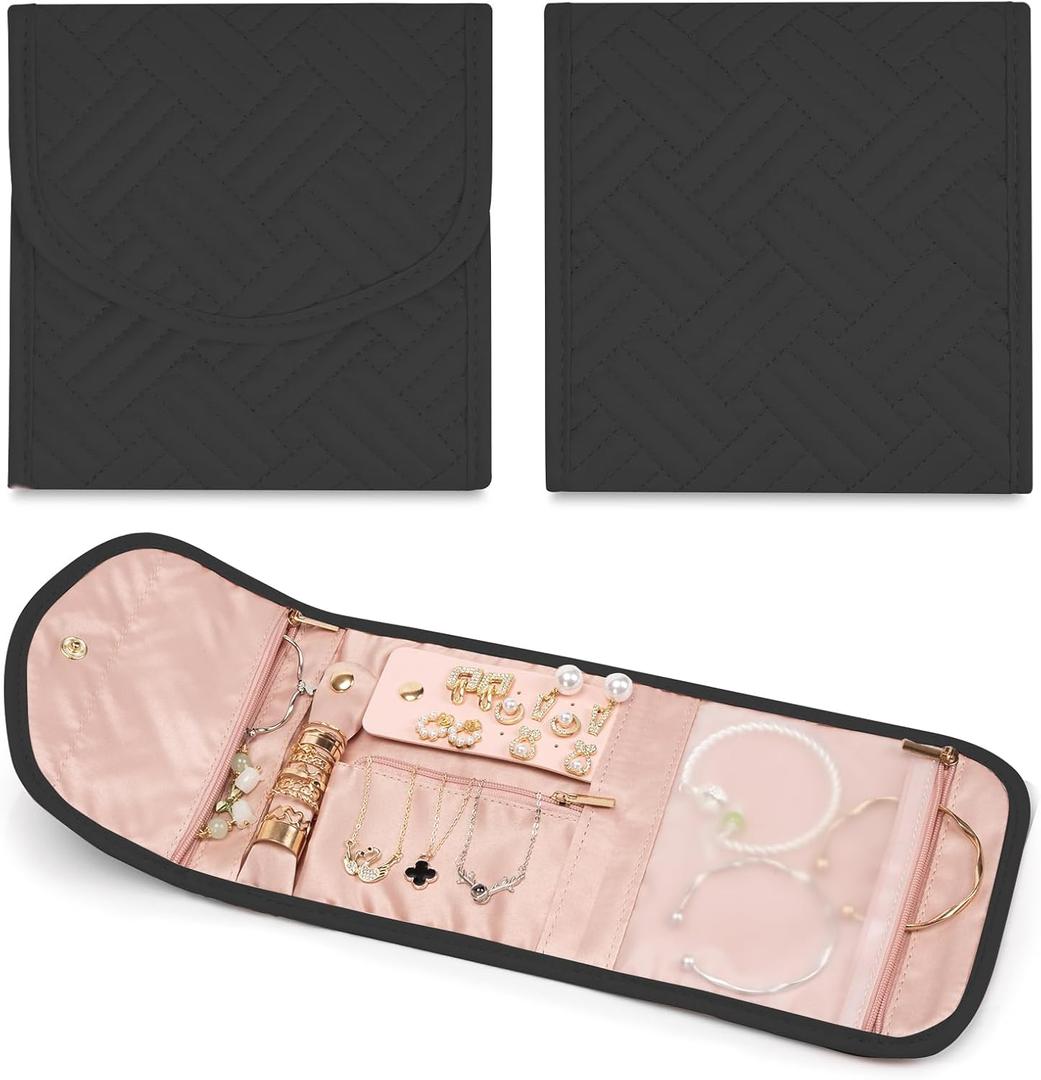 Travel Jewelry Roll Organizer Bag Foldable and Anti-Lost Jewelry Holder Storage for Rings, Necklaces, Bracelets, Earrings and Accessories, Small Black